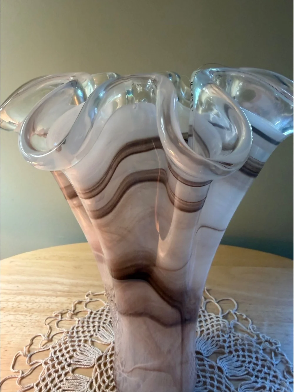 Tammaro Home Italian Art Glass Vase with Ruffled Edge and Brown Swirl Design